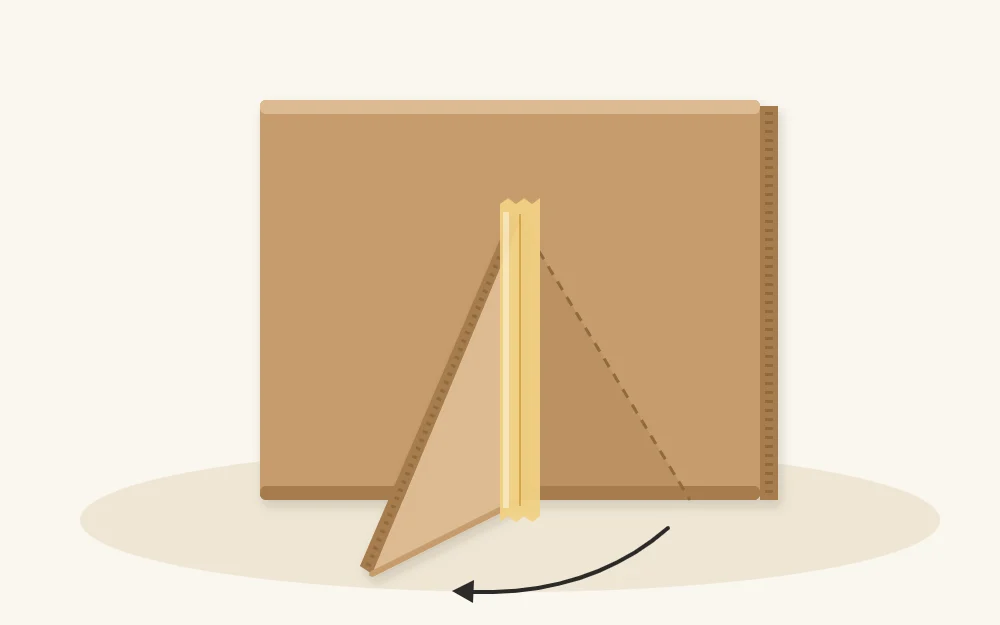 Back of the cardboard frame with the triangular stand hinged with tape and opened out
