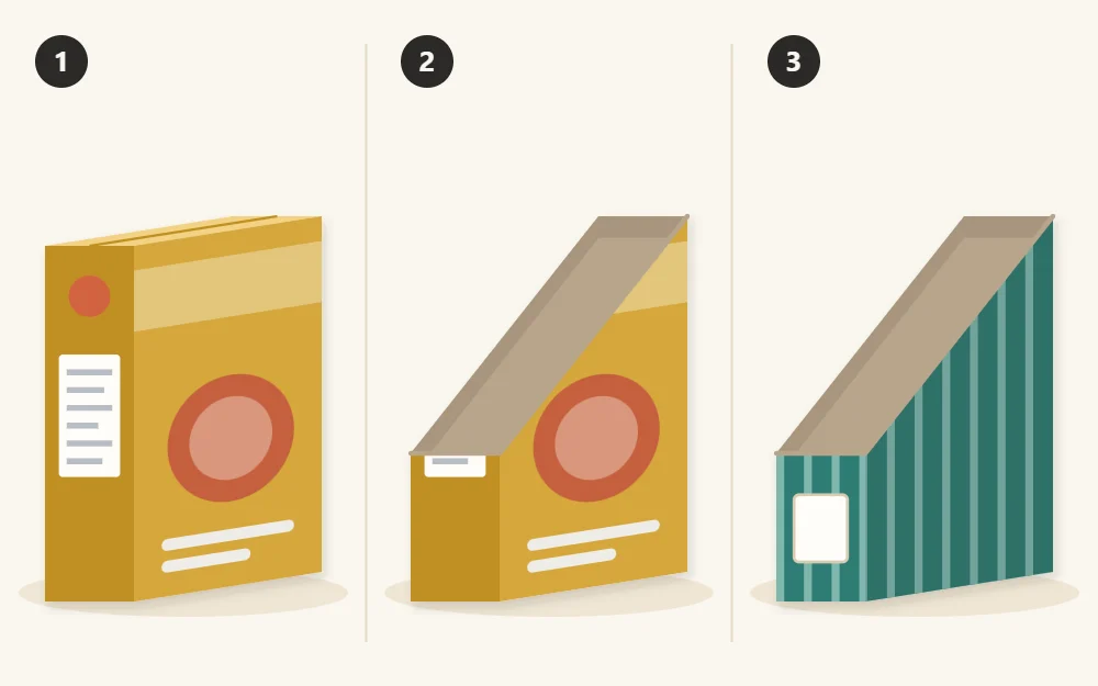 Three stages: an uncut cereal box, the box after the diagonal cut, and the box covered in paper