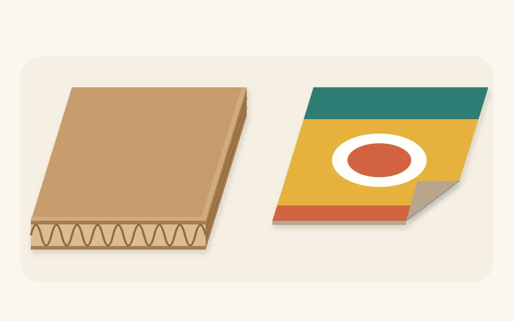 Corrugated cardboard with its wavy middle layer visible at the edge beside thin flat cereal-box card