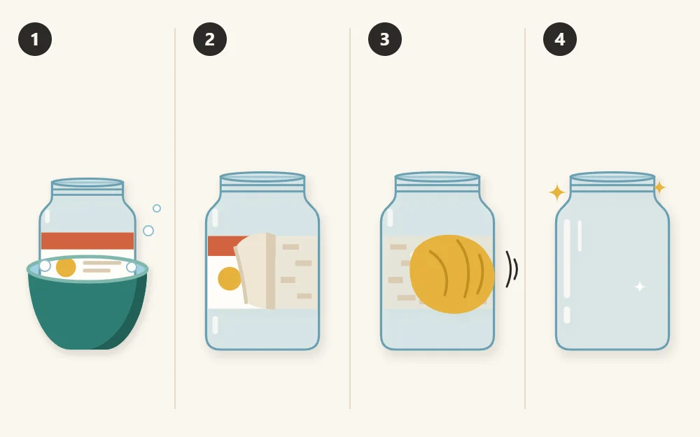 Four stages: a labeled jar soaking, the label peeled off, residue rubbed with cloth and paste, a clean jar