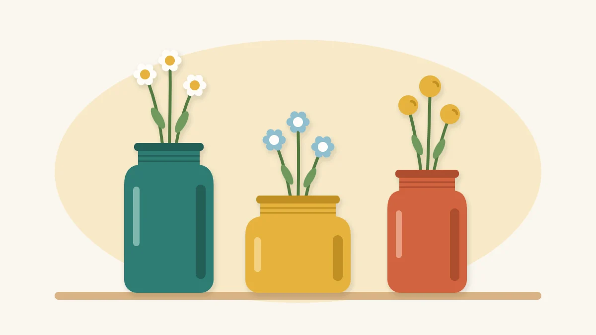 Three painted jar vases in teal, mustard and terracotta, each holding a few simple flower stems