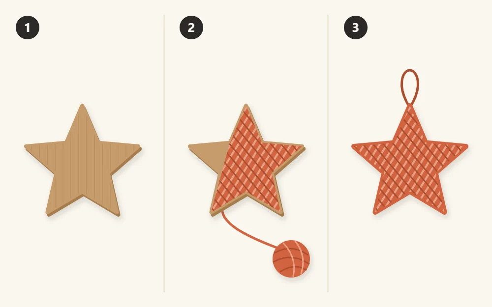 Cardboard star cutout, the star partly wrapped in yarn, and the fully wrapped star with a loop
