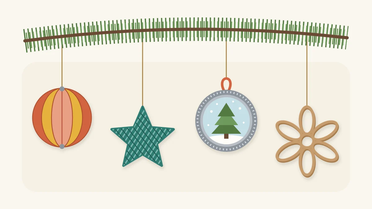 Paper strip ball, yarn-wrapped star, jar lid tree scene and paper tube snowflake hanging from an evergreen branch