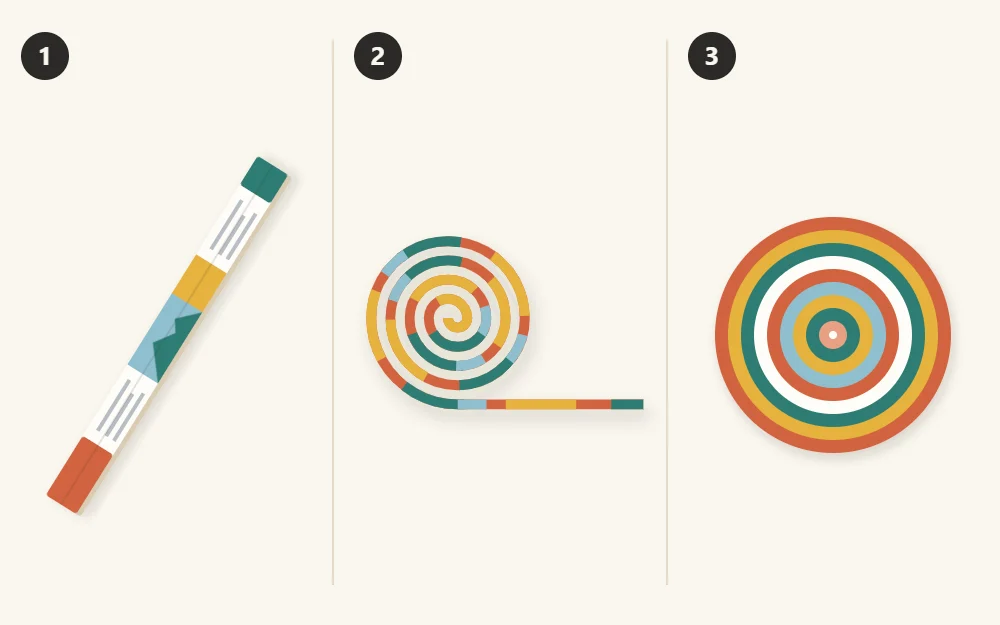 A magazine page folded into a long narrow strip, the strip coiling into a tight spiral, and a finished flat coiled disc