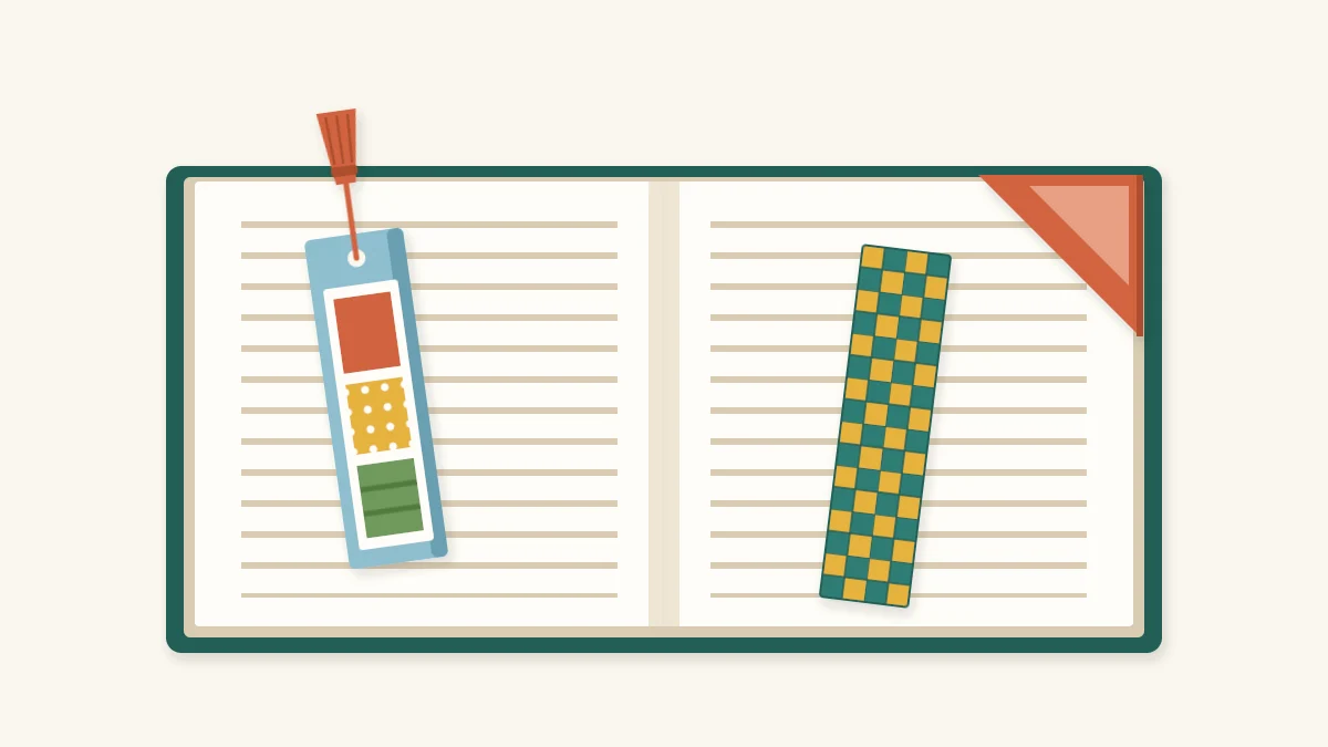 Three bookmarks on an open book: a layered strip with a yarn tassel, a triangular corner bookmark and a woven strip